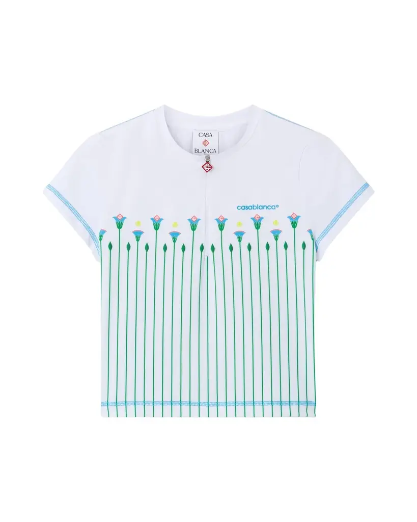 White Floral Stripe Sporty Quarter Zip Tennis Top in Green White Floral Stripe Sporty Quarter Zip Tennis Top in Green