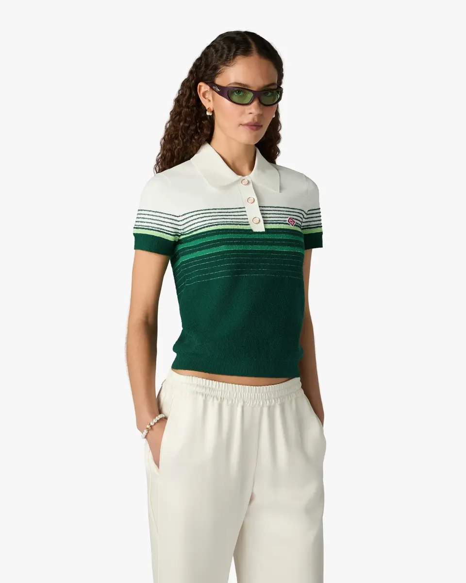 Casablanca White & Green Boucle Stripe Short Sleeve Polo Shirt | Thumbnail 4 Casablanca White & Green Boucle Stripe Short Sleeve Polo Shirt | Thumbnail 4