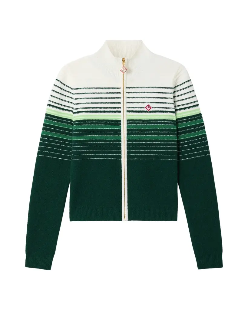 White & Green Boucle Stripe Zip-Up Track Jacket