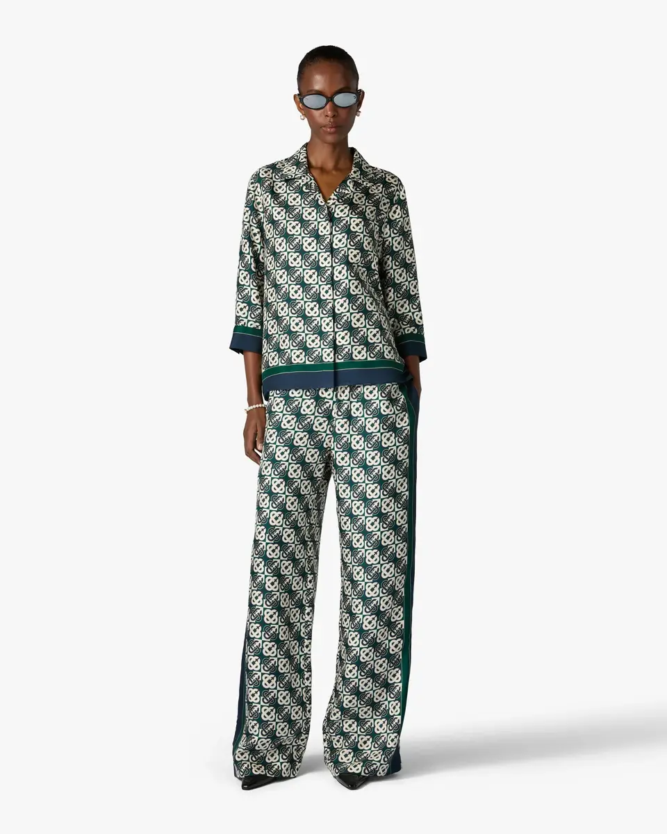 Casablanca Green & Navy Check Monogram Pyjama Long Sleeve Silk Shirt | Thumbnail 2 Casablanca Green & Navy Check Monogram Pyjama Long Sleeve Silk Shirt | Thumbnail 2