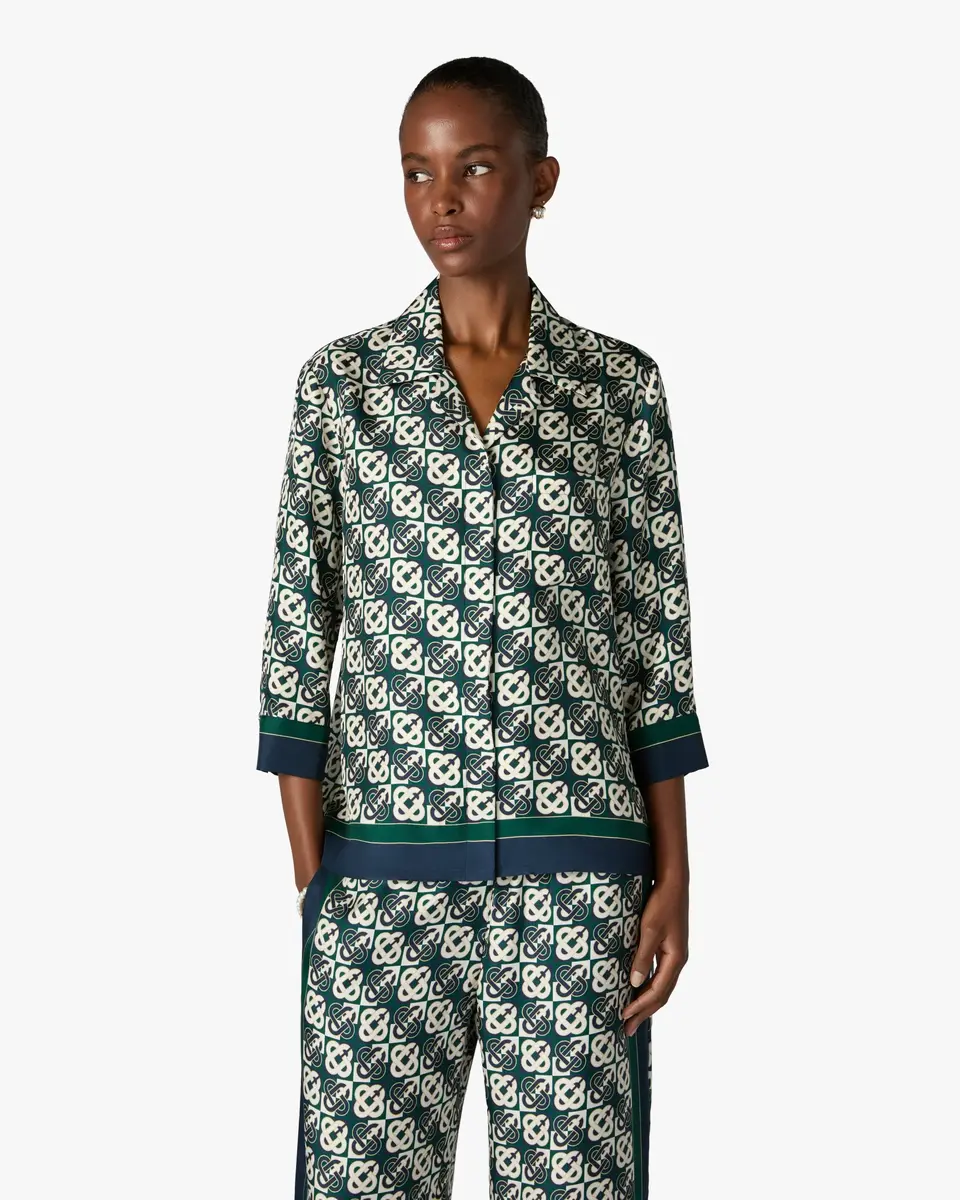 Casablanca Green & Navy Check Monogram Pyjama Long Sleeve Silk Shirt | Thumbnail 4 Casablanca Green & Navy Check Monogram Pyjama Long Sleeve Silk Shirt | Thumbnail 4