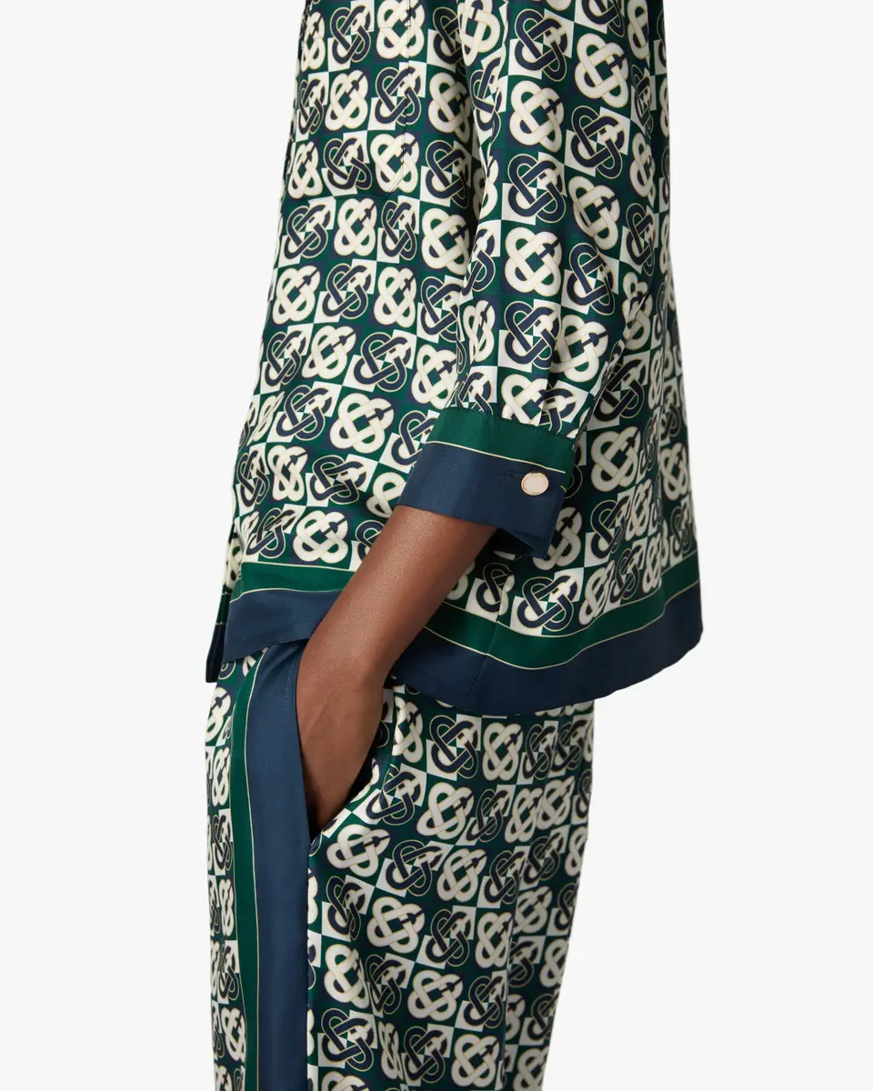 Casablanca Green & Navy Check Monogram Pyjama Long Sleeve Silk Shirt | Thumbnail 5 Casablanca Green & Navy Check Monogram Pyjama Long Sleeve Silk Shirt | Thumbnail 5