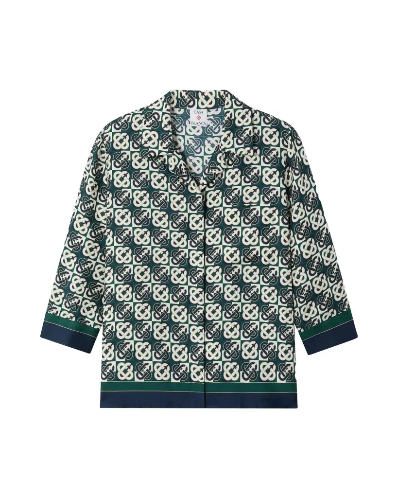 Green & Navy Check Monogram Pyjama Long Sleeve Silk Shirt Green & Navy Check Monogram Pyjama Long Sleeve Silk Shirt