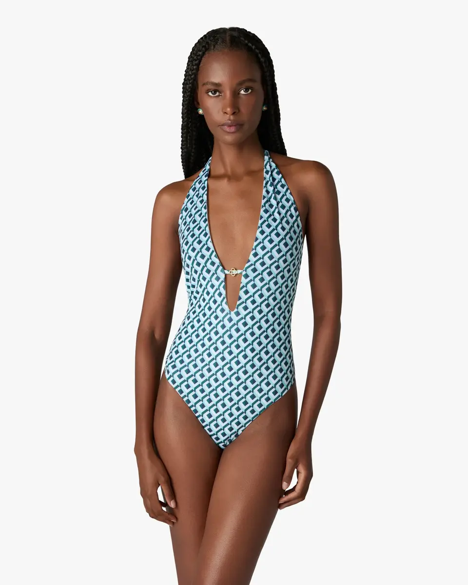 Casablanca Green Cubist CC Monogram Plunge Swimsuit | Thumbnail 2 Casablanca Green Cubist CC Monogram Plunge Swimsuit | Thumbnail 2