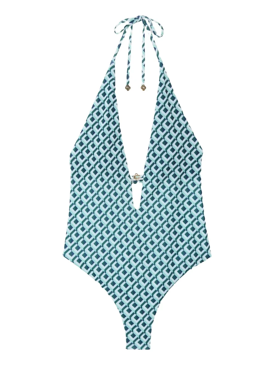 Casablanca Green Cubist CC Monogram Plunge Swimsuit