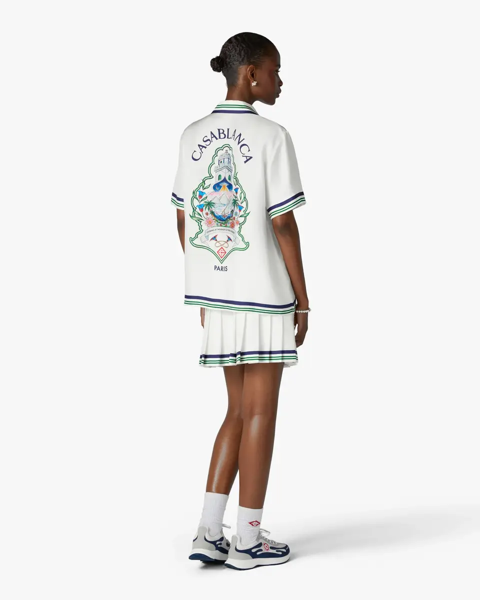 Casablanca White Hotel Emblem Short Sleeve Silk Shirt in Blue | Thumbnail 3