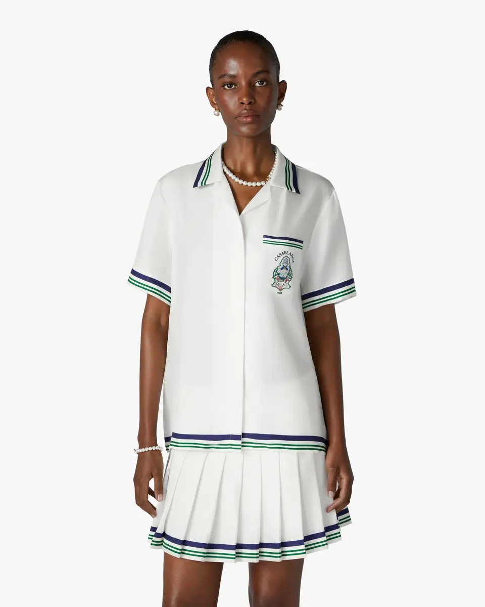 Casablanca White Hotel Emblem Short Sleeve Silk Shirt in Blue | Thumbnail 4