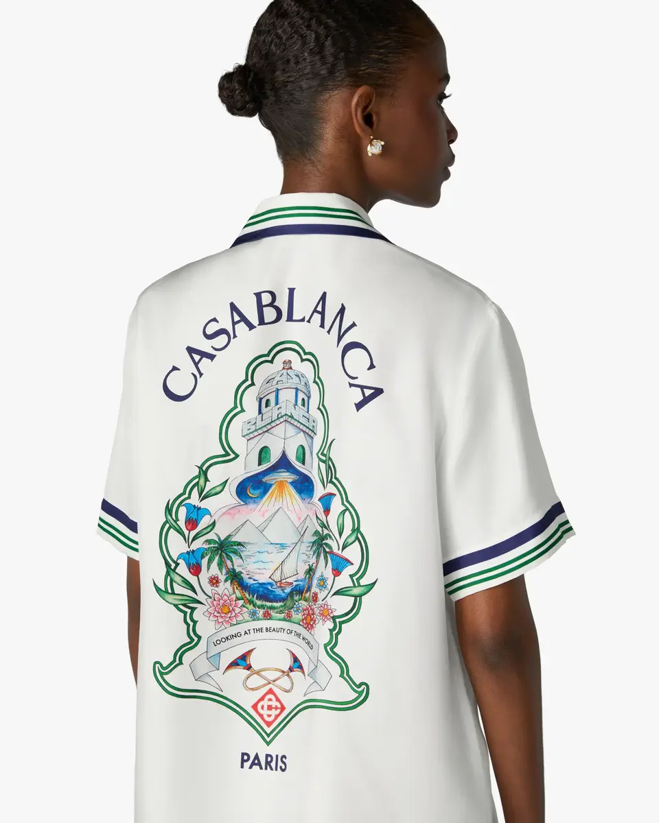 Casablanca White Hotel Emblem Short Sleeve Silk Shirt in Blue | Thumbnail 5