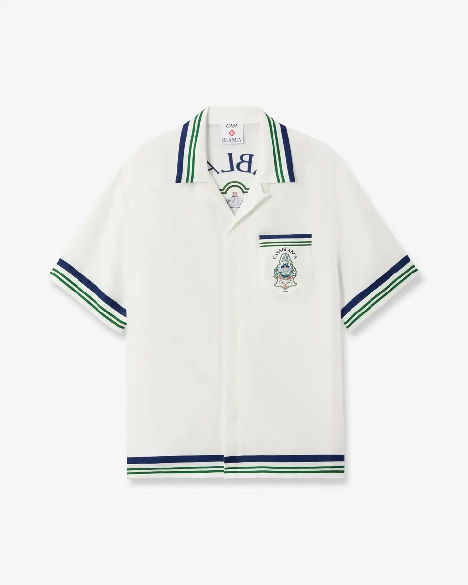 Casablanca White Hotel Emblem Short Sleeve Silk Shirt in Blue | Thumbnail 6