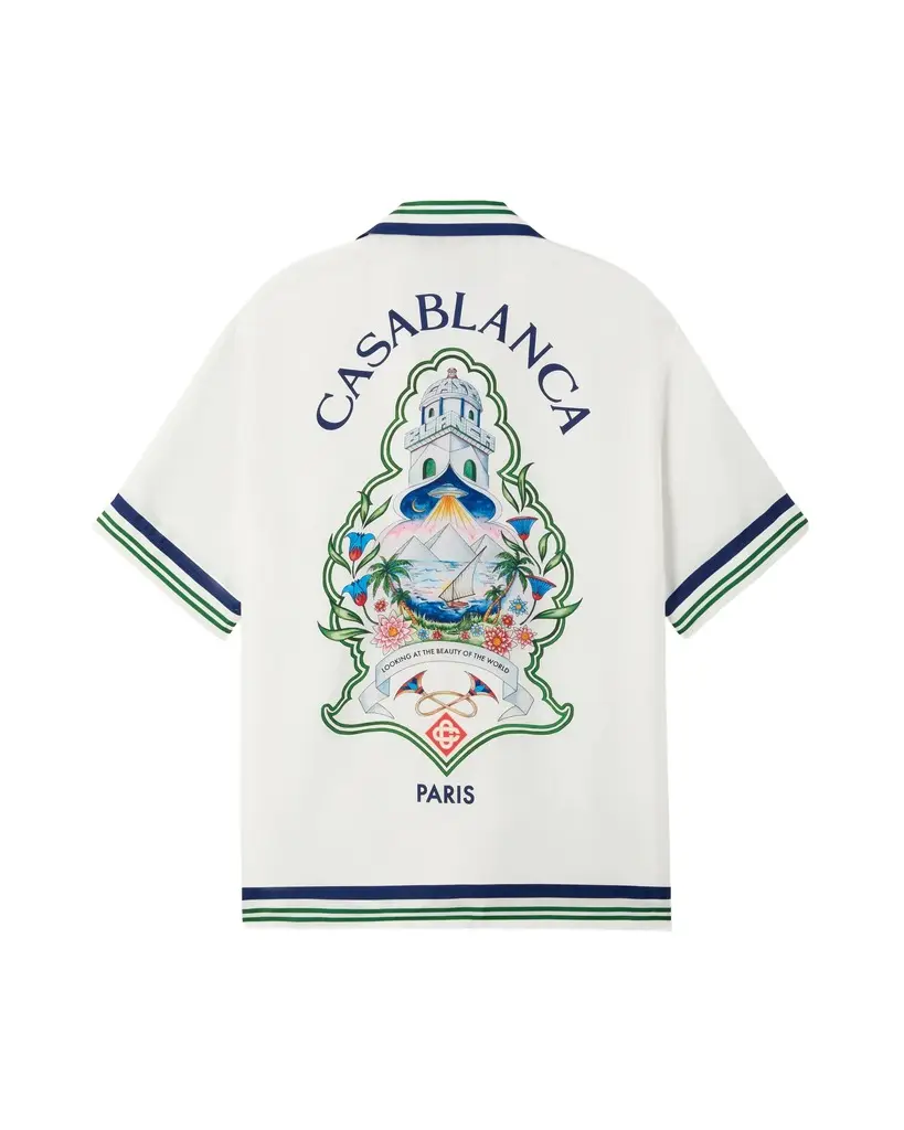 White Hotel Emblem Short Sleeve Silk Shirt in Blue White Hotel Emblem Short Sleeve Silk Shirt in Blue