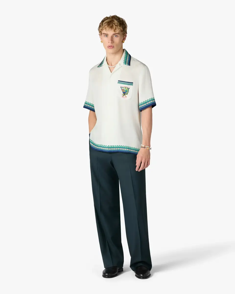 Casablanca White Casa Kaspia New York Club Icon Short Sleeve Silk Shirt in Blue | Thumbnail 2