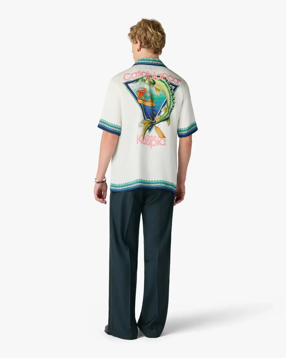 Casablanca White Casa Kaspia New York Club Icon Short Sleeve Silk Shirt in Blue | Thumbnail 3