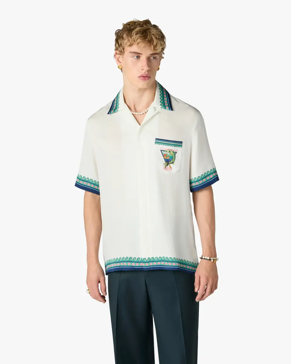 Casablanca White Casa Kaspia New York Club Icon Short Sleeve Silk Shirt in Blue | Thumbnail 4