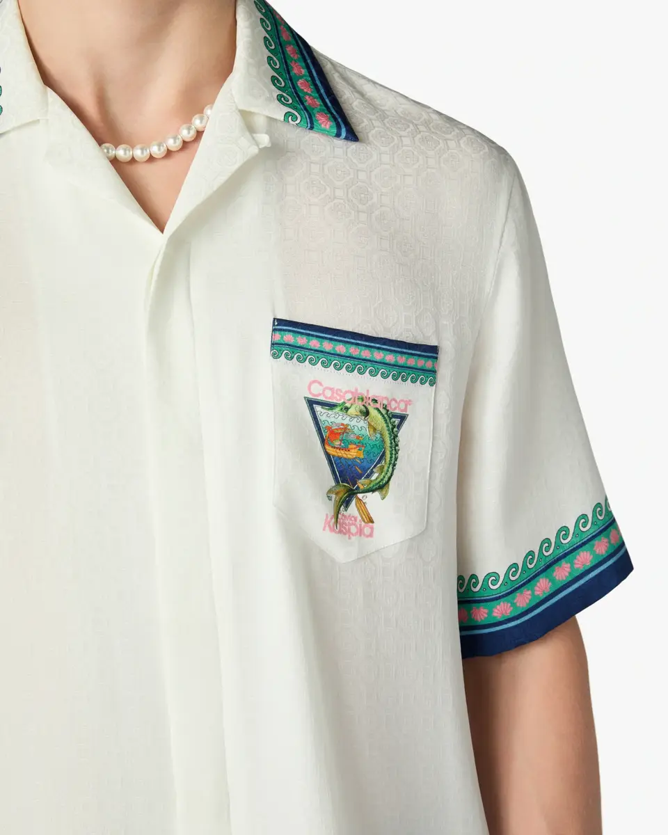Casablanca White Casa Kaspia New York Club Icon Short Sleeve Silk Shirt in Blue | Thumbnail 5