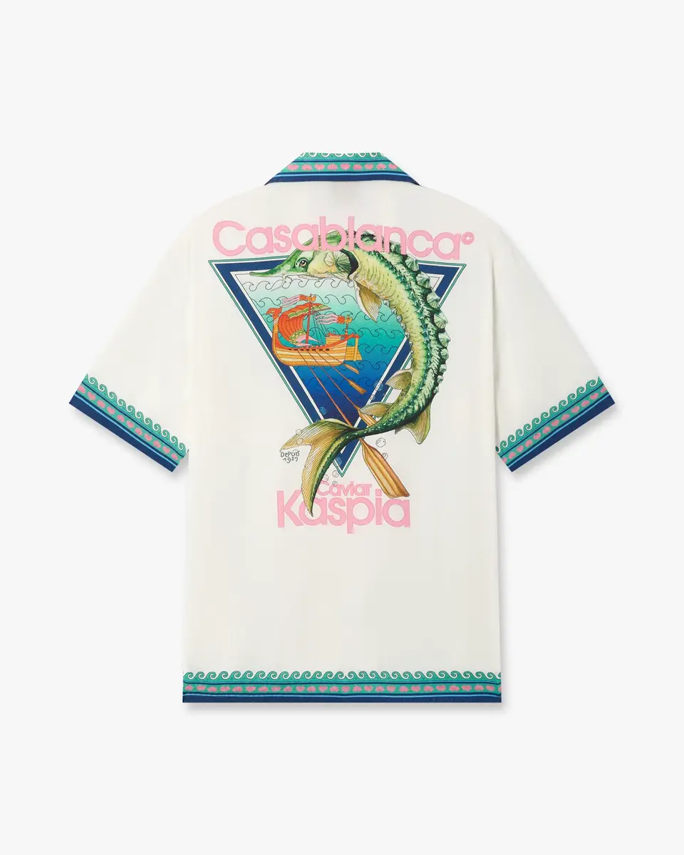 Casablanca White Casa Kaspia New York Club Icon Short Sleeve Silk Shirt in Blue | Thumbnail 6