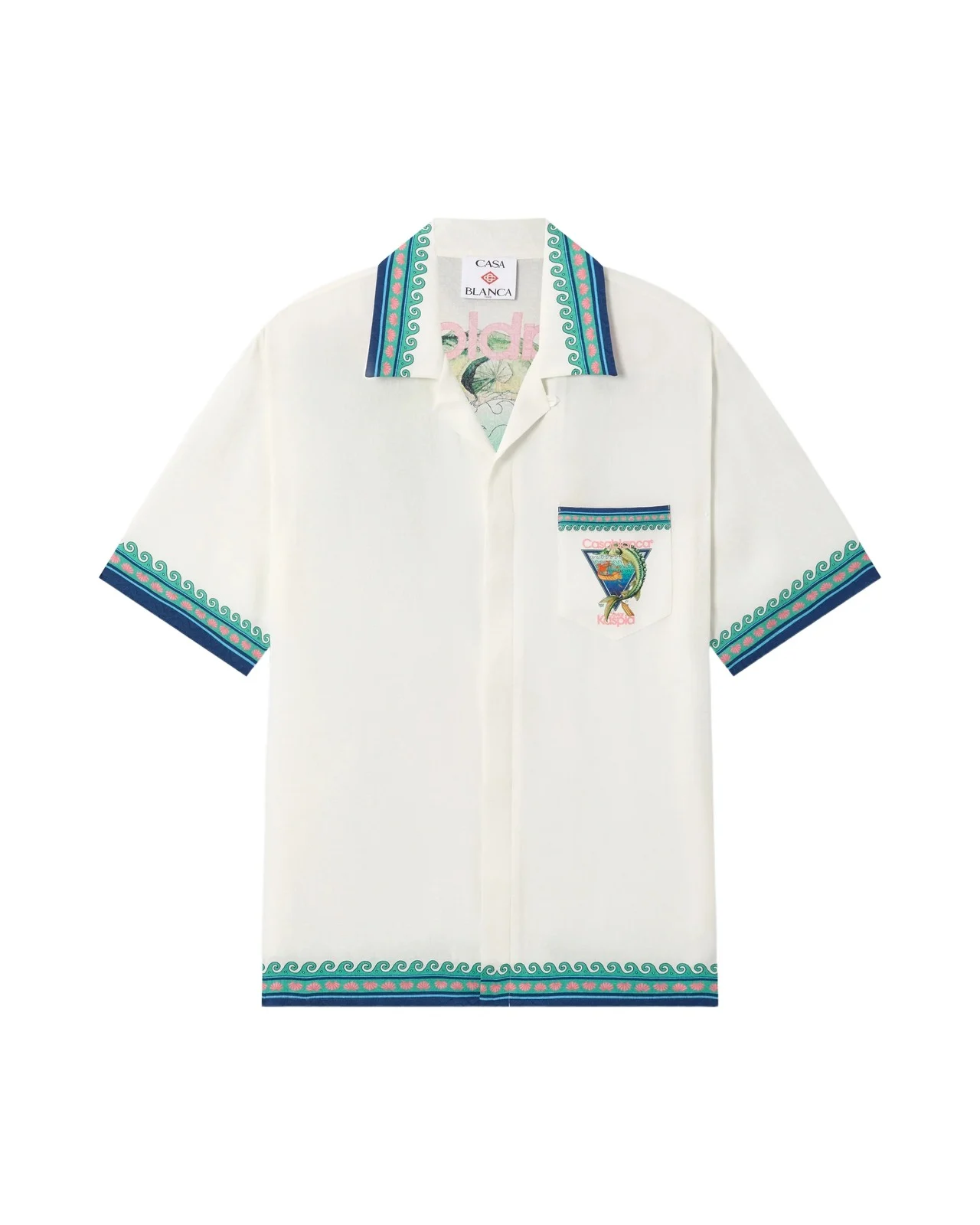 White Casa Kaspia New York Club Icon Short Sleeve Silk Shirt in Blue White Casa Kaspia New York Club Icon Short Sleeve Silk Shirt in Blue