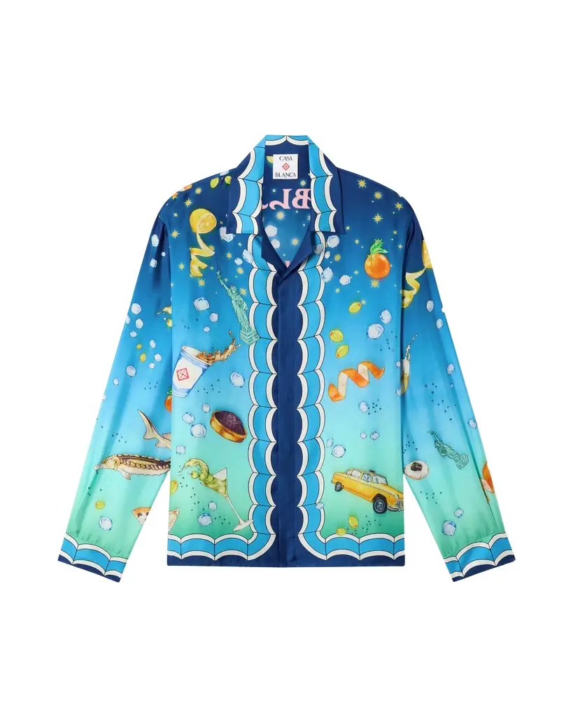 Blue Gradient Casa Kaspia New York Long Sleeve Silk Shirt in Yellow