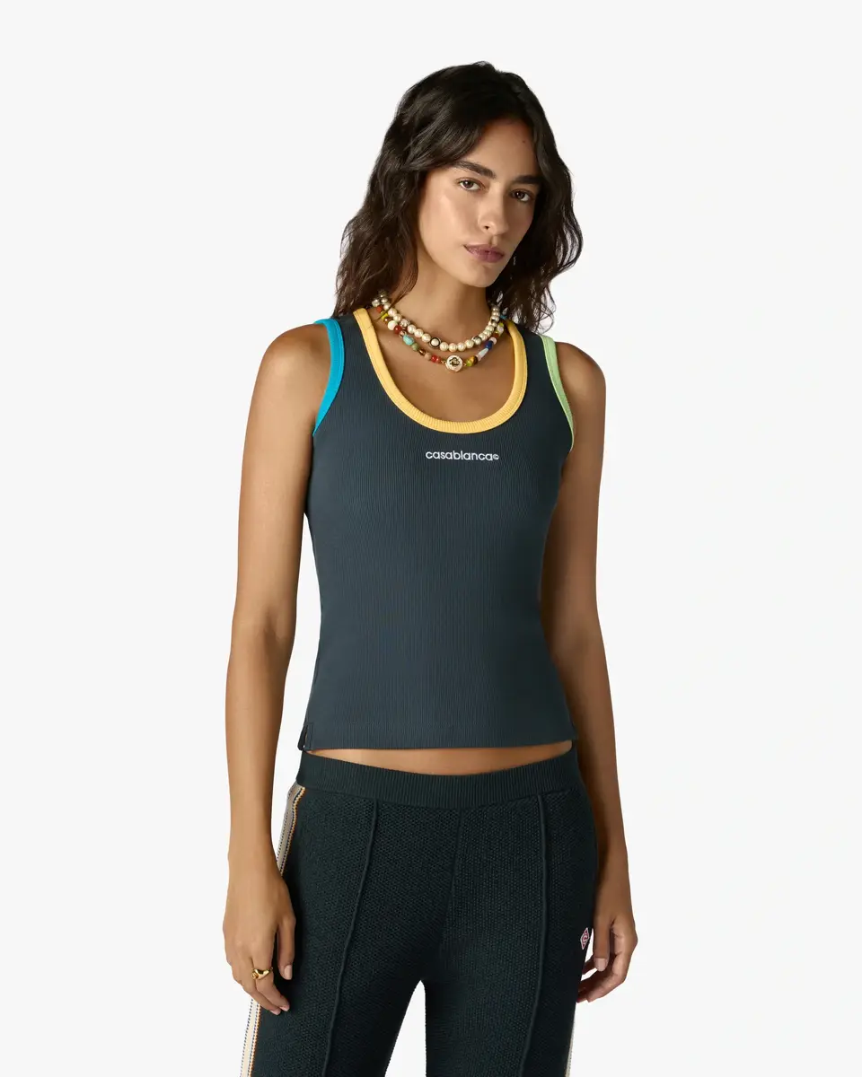 Casablanca Navy Colourblock Ribbed Tank Top in Green | Thumbnail 4 Casablanca Navy Colourblock Ribbed Tank Top in Green | Thumbnail 4