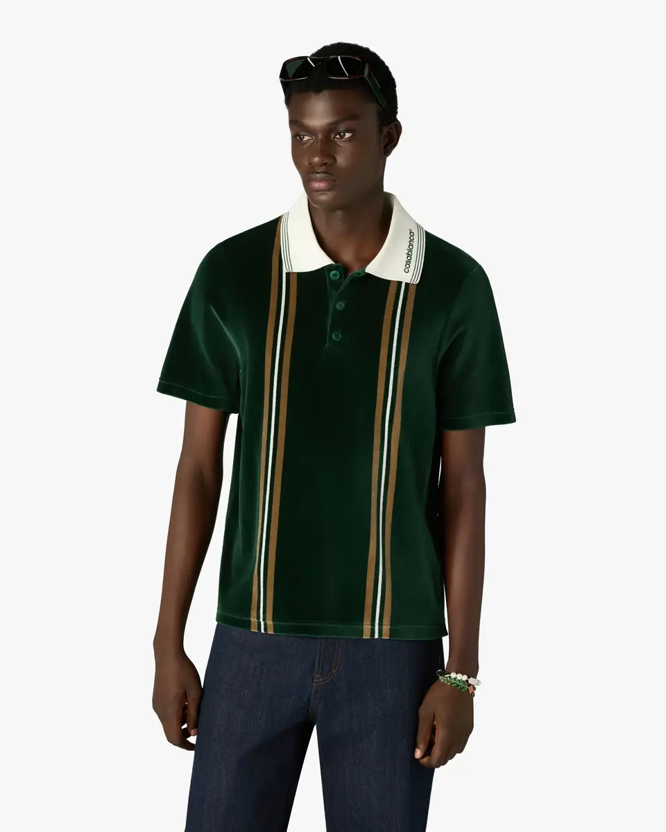 Casablanca Green & Brown Stripe Velour Short Sleeve Polo Shirt | Thumbnail 4 Casablanca Green & Brown Stripe Velour Short Sleeve Polo Shirt | Thumbnail 4