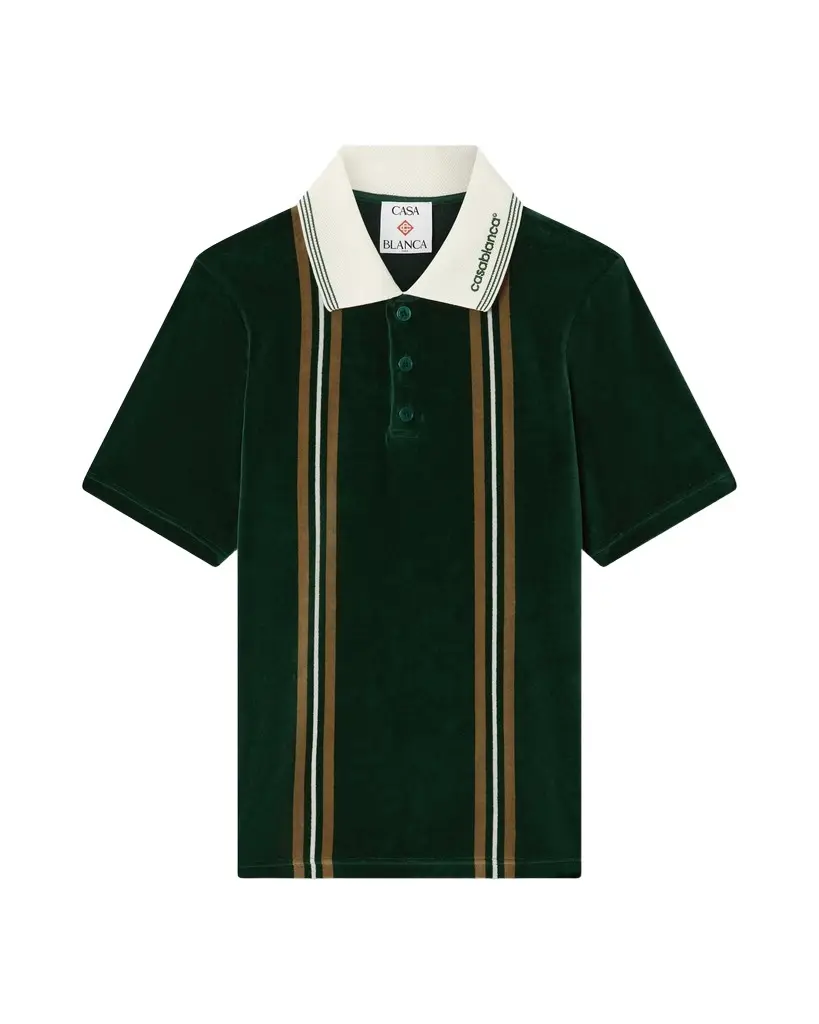 Casablanca Green & Brown Stripe Velour Short Sleeve Polo Shirt