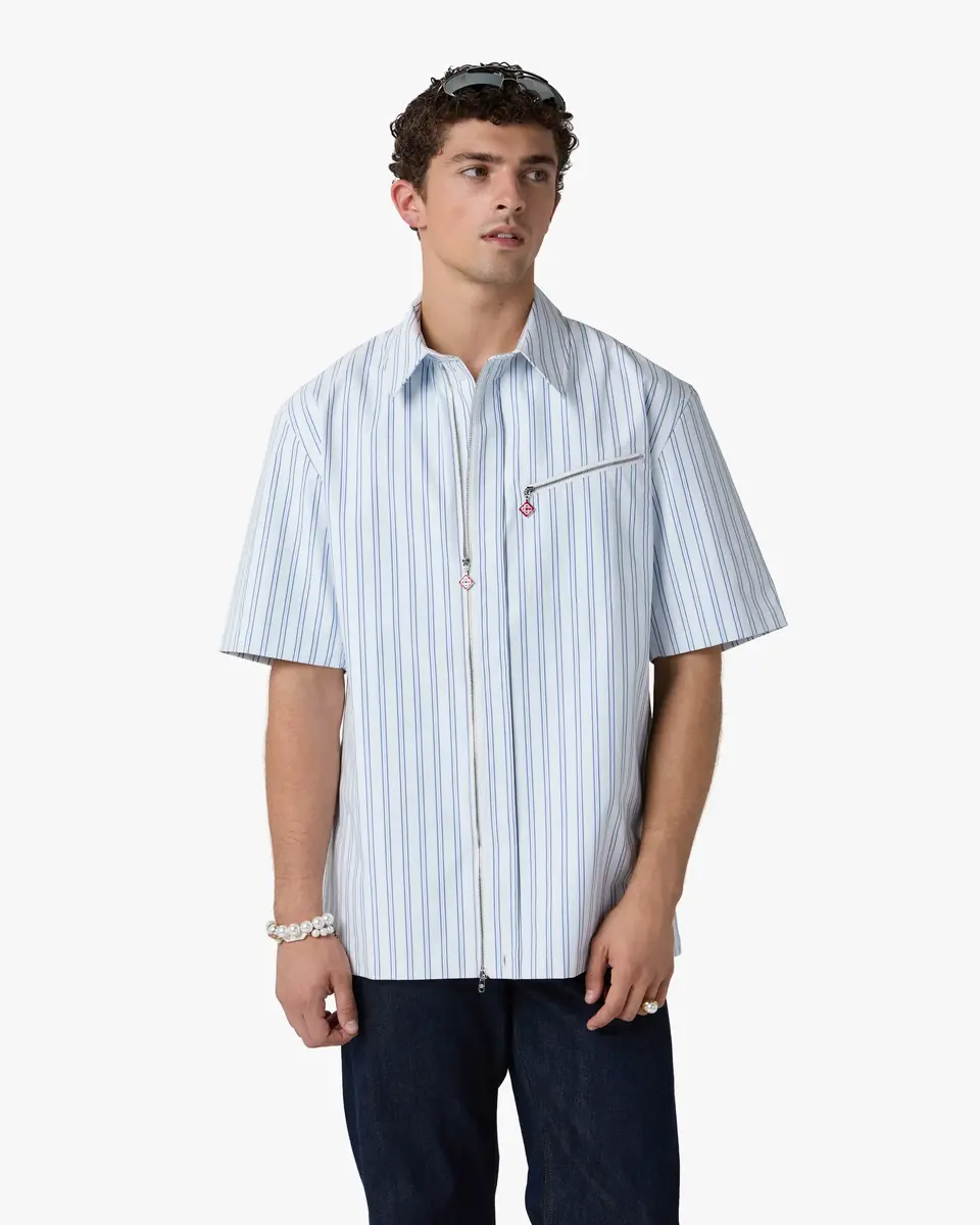 Casablanca White & Blue Striped Nylon Short Sleeve Shirt | Thumbnail 4 Casablanca White & Blue Striped Nylon Short Sleeve Shirt | Thumbnail 4