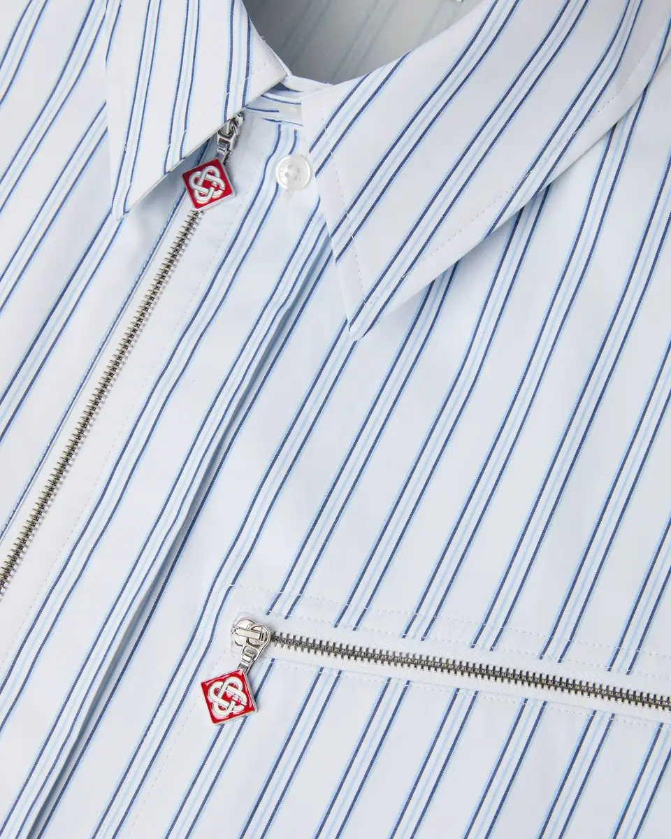 Casablanca White & Blue Striped Nylon Short Sleeve Shirt | Thumbnail 6 Casablanca White & Blue Striped Nylon Short Sleeve Shirt | Thumbnail 6