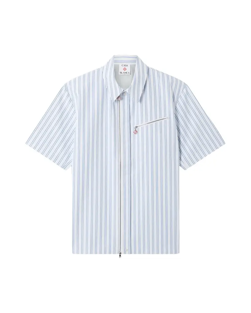 Casablanca White & Blue Striped Nylon Short Sleeve Shirt