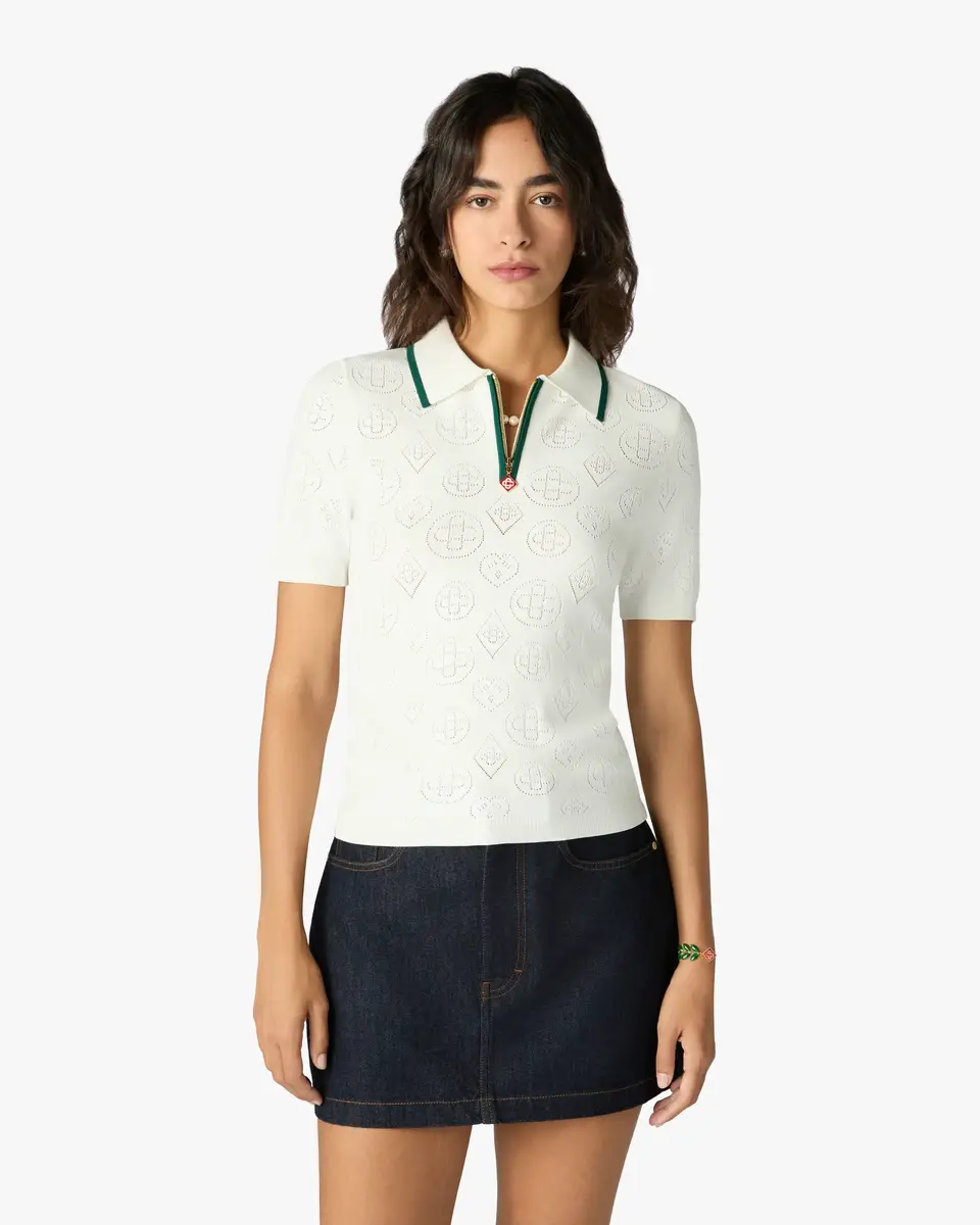 Casablanca White Pointelle Monogram Short Sleeve Cropped Polo Shirt in Green | Thumbnail 4 Casablanca White Pointelle Monogram Short Sleeve Cropped Polo Shirt in Green | Thumbnail 4