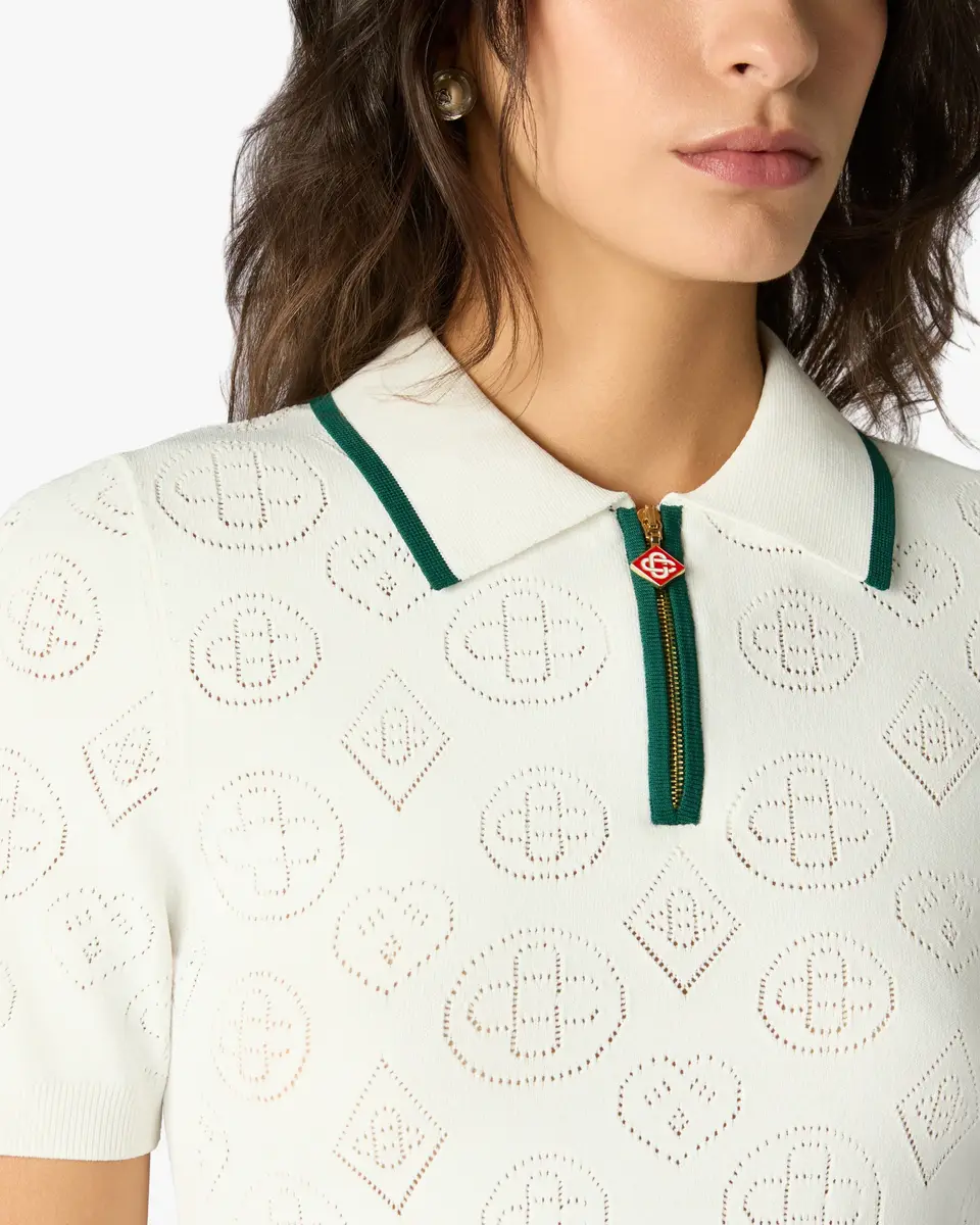 Casablanca White Pointelle Monogram Short Sleeve Cropped Polo Shirt in Green | Thumbnail 5 Casablanca White Pointelle Monogram Short Sleeve Cropped Polo Shirt in Green | Thumbnail 5