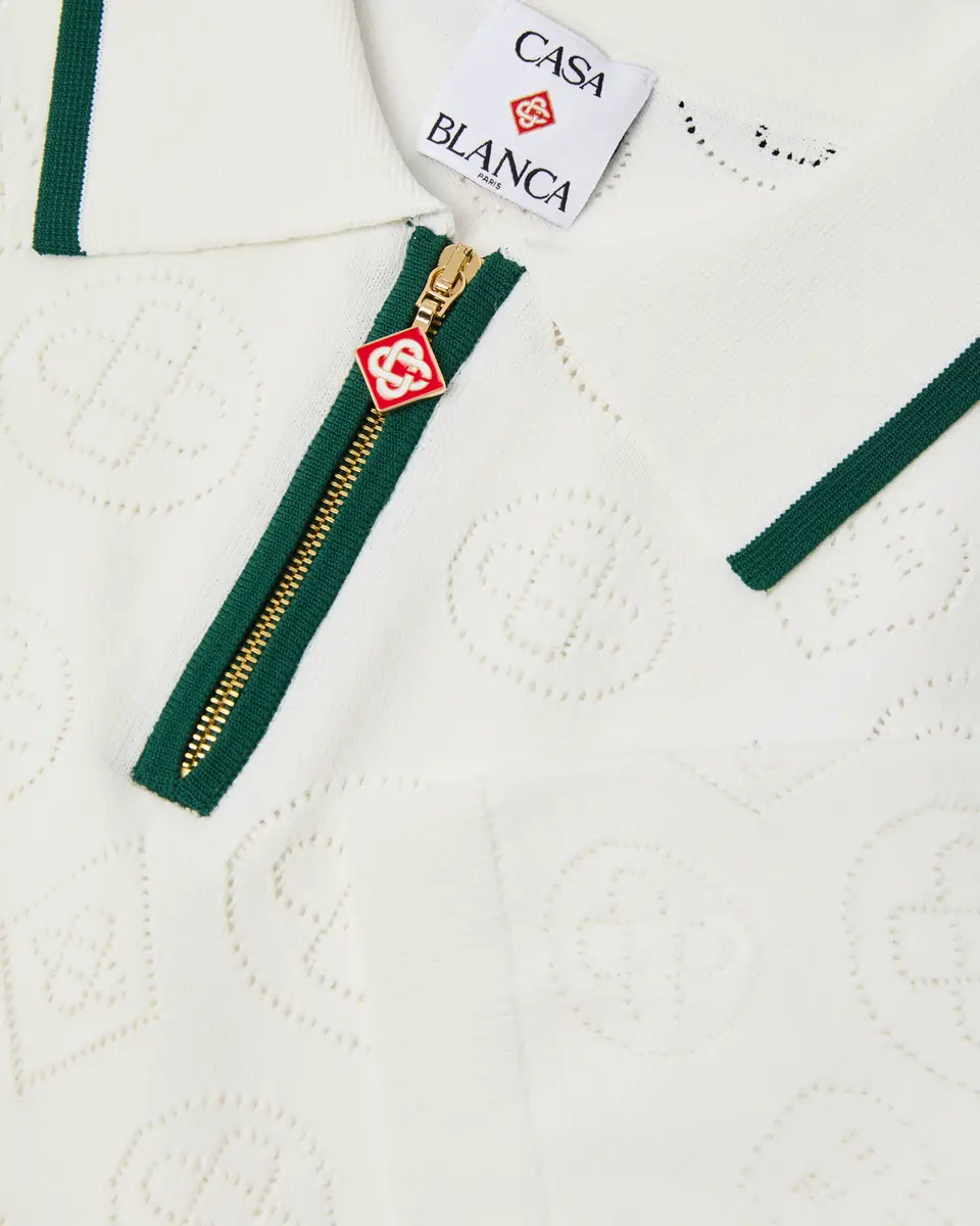 Casablanca White Pointelle Monogram Short Sleeve Cropped Polo Shirt in Green | Thumbnail 6 Casablanca White Pointelle Monogram Short Sleeve Cropped Polo Shirt in Green | Thumbnail 6