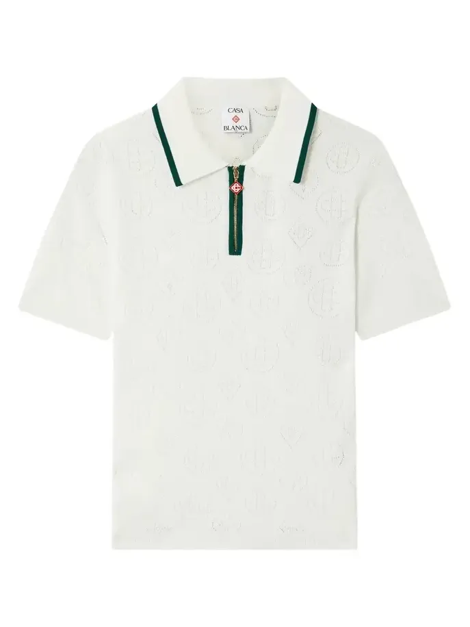 Casablanca White Pointelle Monogram Short Sleeve Cropped Polo Shirt in Green