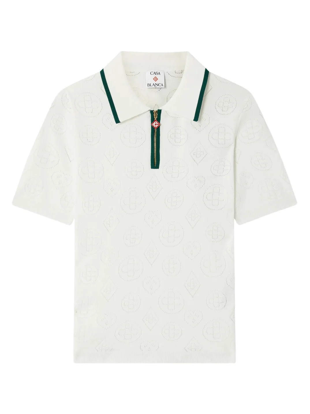 Casablanca White Pointelle Monogram Short Sleeve Cropped Polo Shirt in Green