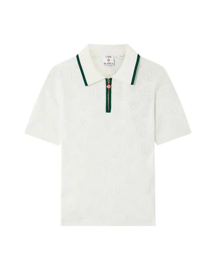 White Pointelle Monogram Short Sleeve Cropped Polo Shirt in Green White Pointelle Monogram Short Sleeve Cropped Polo Shirt in Green