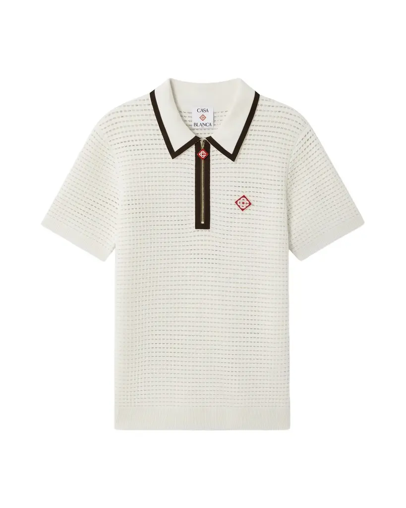 White Wool Waffle Stitch Short Sleeve Polo Shirt White Wool Waffle Stitch Short Sleeve Polo Shirt