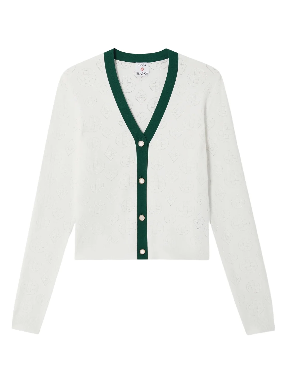 Casablanca White Pointelle Monogram Cardigan in Green