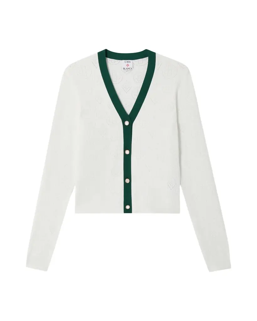 Casablanca White Pointelle Monogram Cardigan in Green