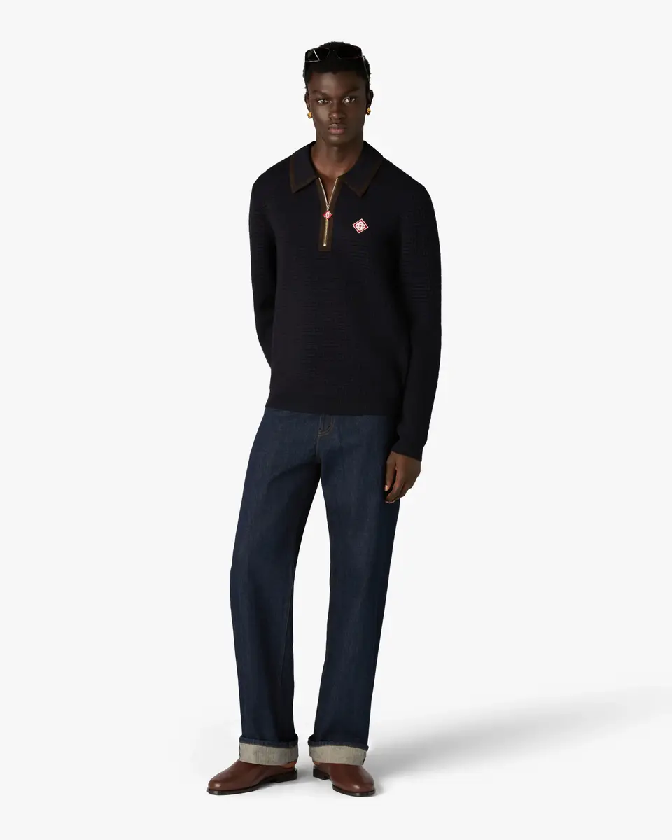 Casablanca Navy Wool Waffle Stitch Long Sleeve Polo Shirt in Brown | Thumbnail 2 Casablanca Navy Wool Waffle Stitch Long Sleeve Polo Shirt in Brown | Thumbnail 2