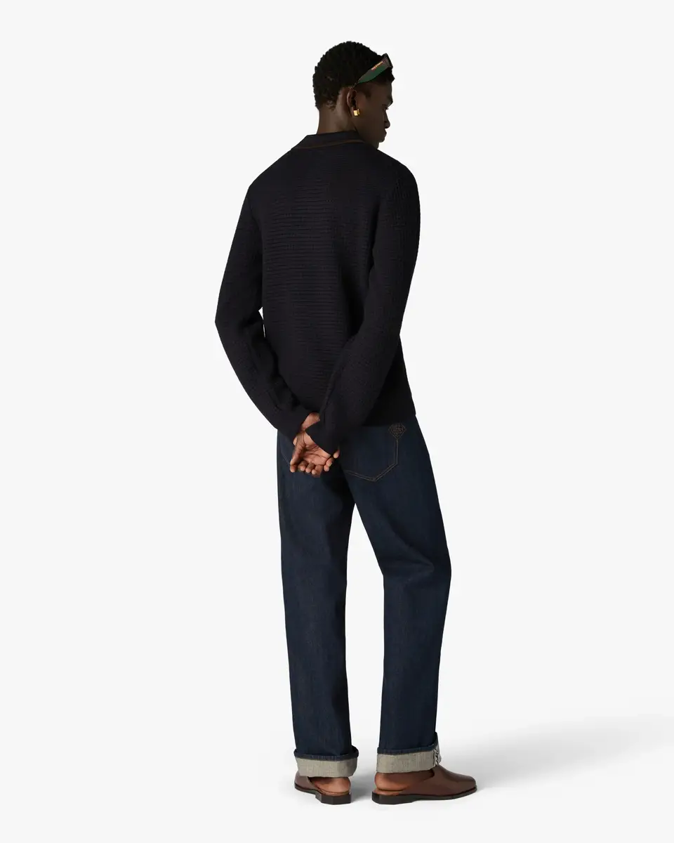 Casablanca Navy Wool Waffle Stitch Long Sleeve Polo Shirt in Brown | Thumbnail 3 Casablanca Navy Wool Waffle Stitch Long Sleeve Polo Shirt in Brown | Thumbnail 3