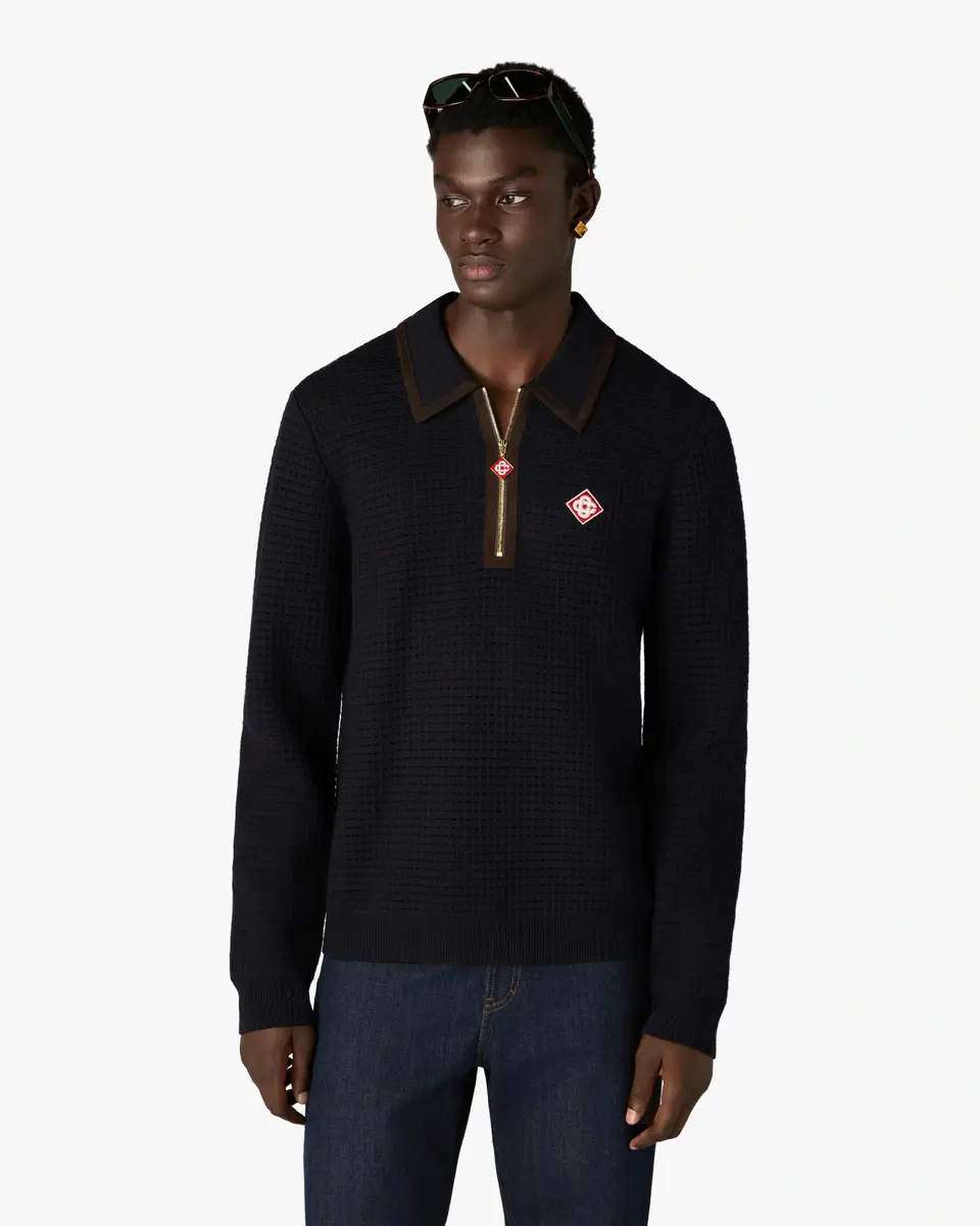 Casablanca Navy Wool Waffle Stitch Long Sleeve Polo Shirt in Brown | Thumbnail 4 Casablanca Navy Wool Waffle Stitch Long Sleeve Polo Shirt in Brown | Thumbnail 4
