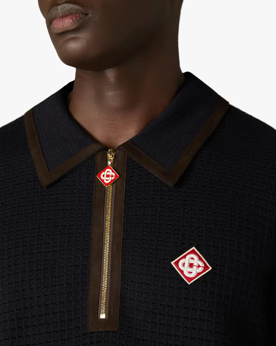 Casablanca Navy Wool Waffle Stitch Long Sleeve Polo Shirt in Brown | Thumbnail 5 Casablanca Navy Wool Waffle Stitch Long Sleeve Polo Shirt in Brown | Thumbnail 5