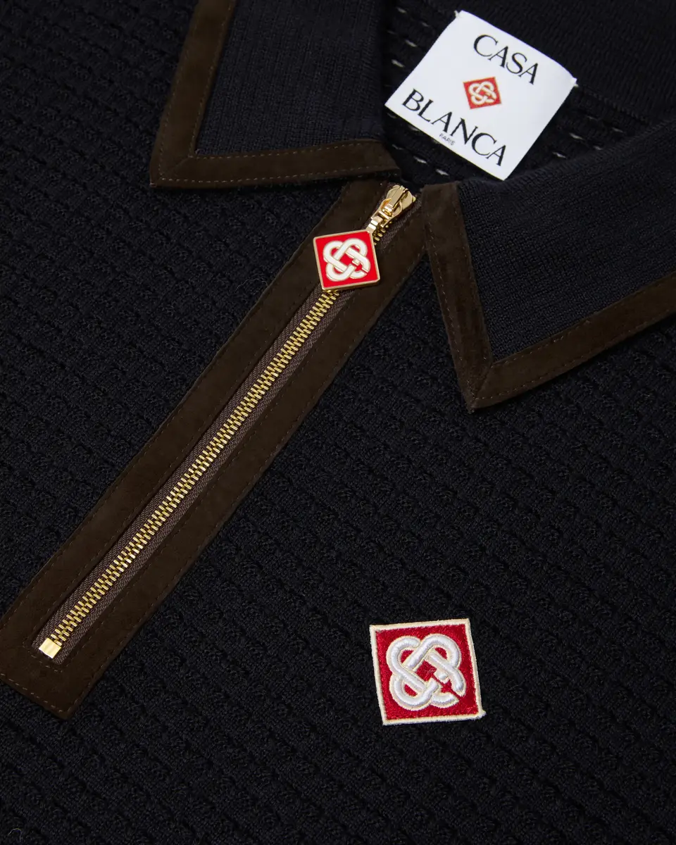 Casablanca Navy Wool Waffle Stitch Long Sleeve Polo Shirt in Brown | Thumbnail 6 Casablanca Navy Wool Waffle Stitch Long Sleeve Polo Shirt in Brown | Thumbnail 6
