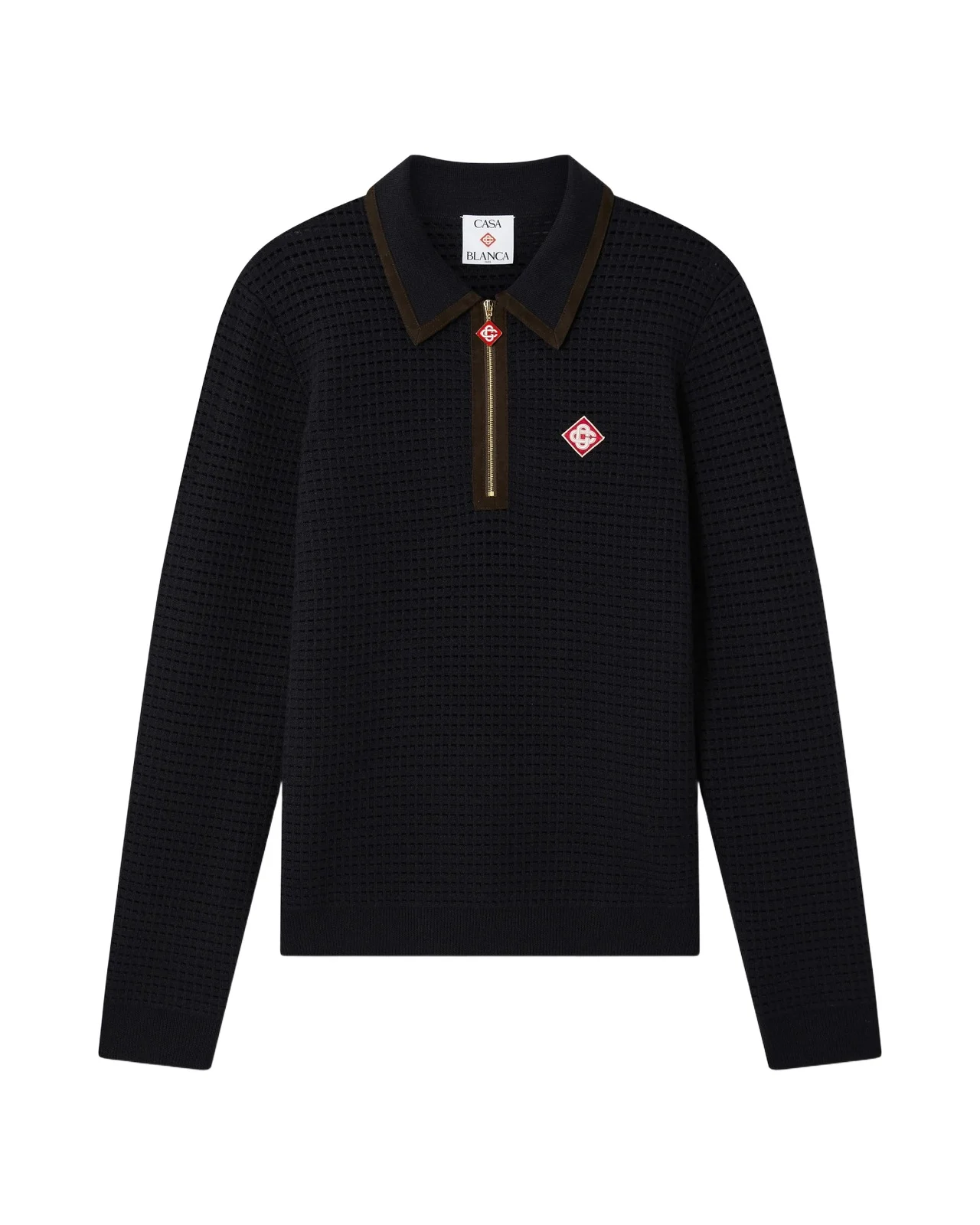 Navy Wool Waffle Stitch Long Sleeve Polo Shirt in Brown Navy Wool Waffle Stitch Long Sleeve Polo Shirt in Brown