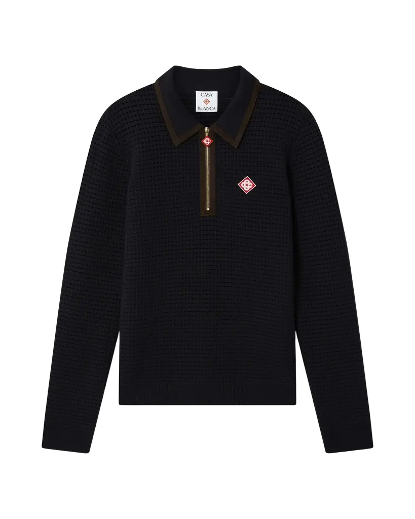 Navy Wool Waffle Stitch Long Sleeve Polo Shirt in Brown Navy Wool Waffle Stitch Long Sleeve Polo Shirt in Brown