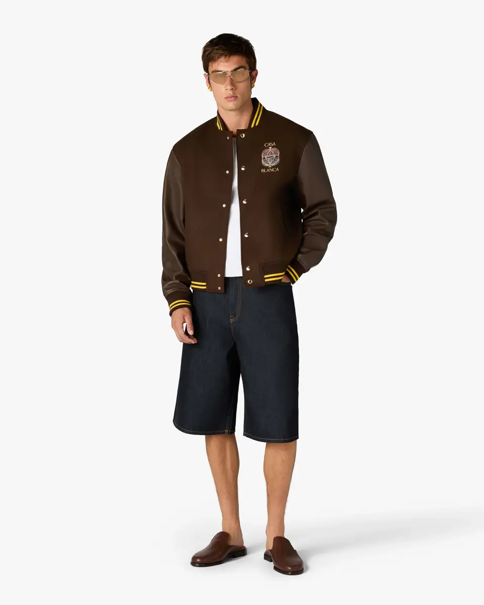 Casablanca Brown Celestial Pyramid Wool & Leather Varsity Jacket in Yellow | Thumbnail 2 Casablanca Brown Celestial Pyramid Wool & Leather Varsity Jacket in Yellow | Thumbnail 2