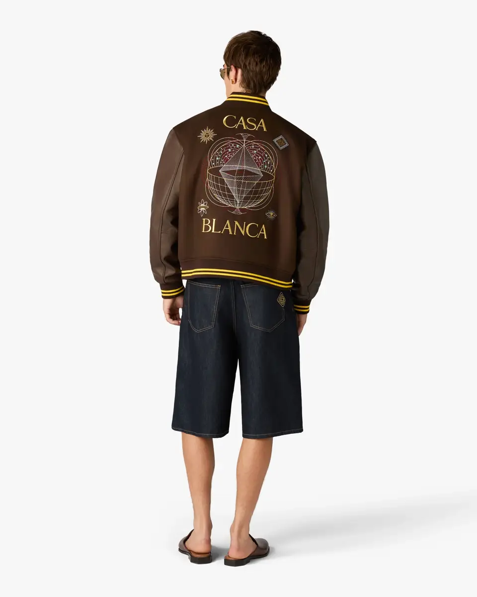 Casablanca Brown Celestial Pyramid Wool & Leather Varsity Jacket in Yellow | Thumbnail 3 Casablanca Brown Celestial Pyramid Wool & Leather Varsity Jacket in Yellow | Thumbnail 3