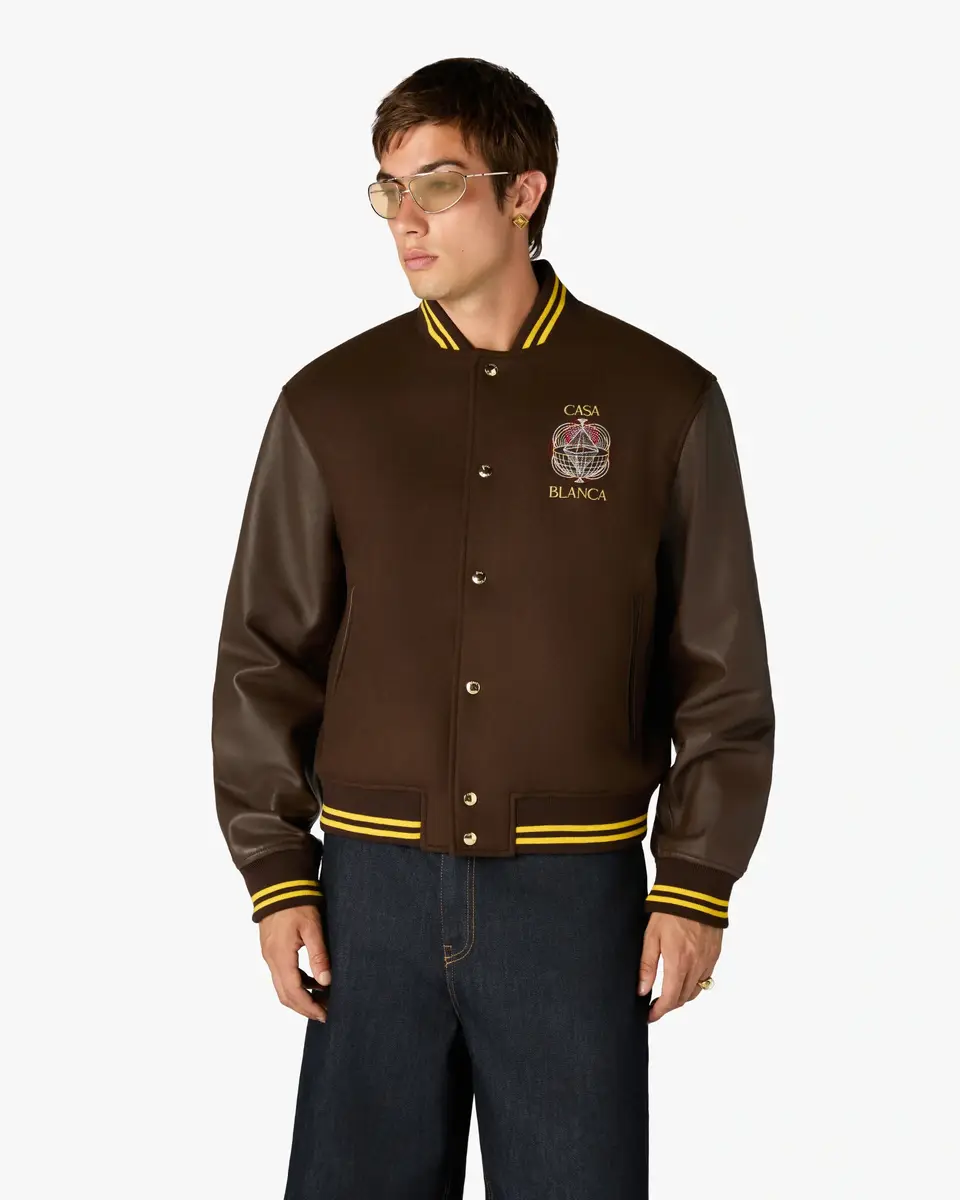 Casablanca Brown Celestial Pyramid Wool & Leather Varsity Jacket in Yellow | Thumbnail 4 Casablanca Brown Celestial Pyramid Wool & Leather Varsity Jacket in Yellow | Thumbnail 4