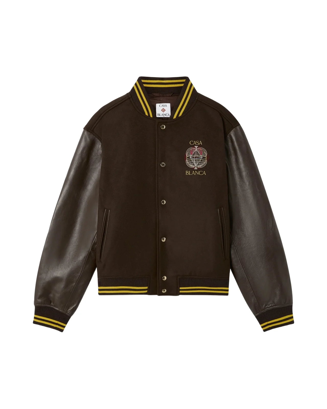 Casablanca Brown Celestial Pyramid Wool & Leather Varsity Jacket in Yellow