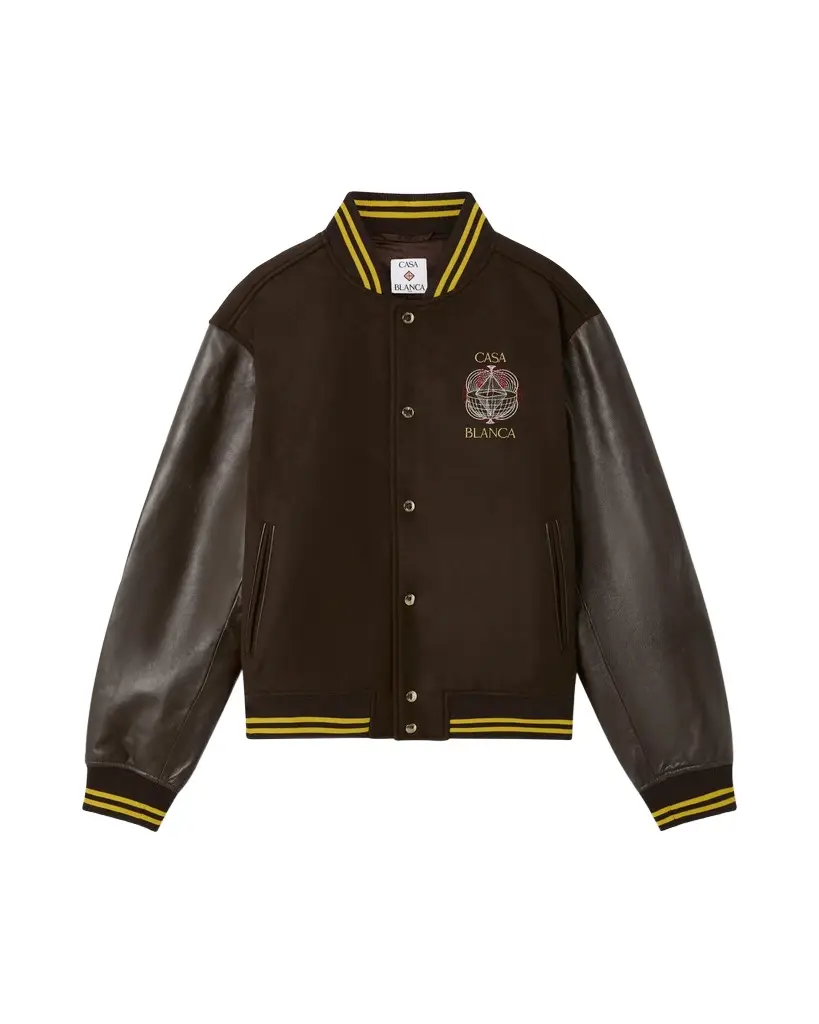 Brown Celestial Pyramid Wool & Leather Varsity Jacket in Yellow