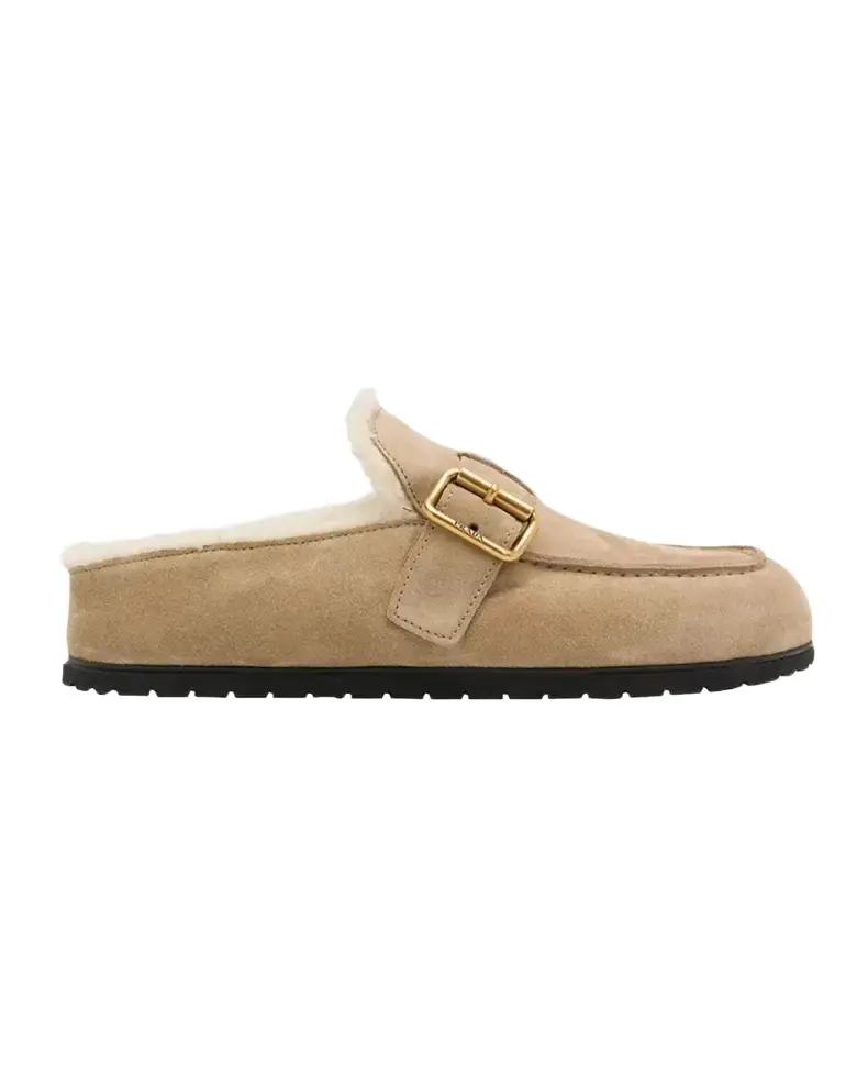 Prada Shearling-Lined Suede Buckle Clogs