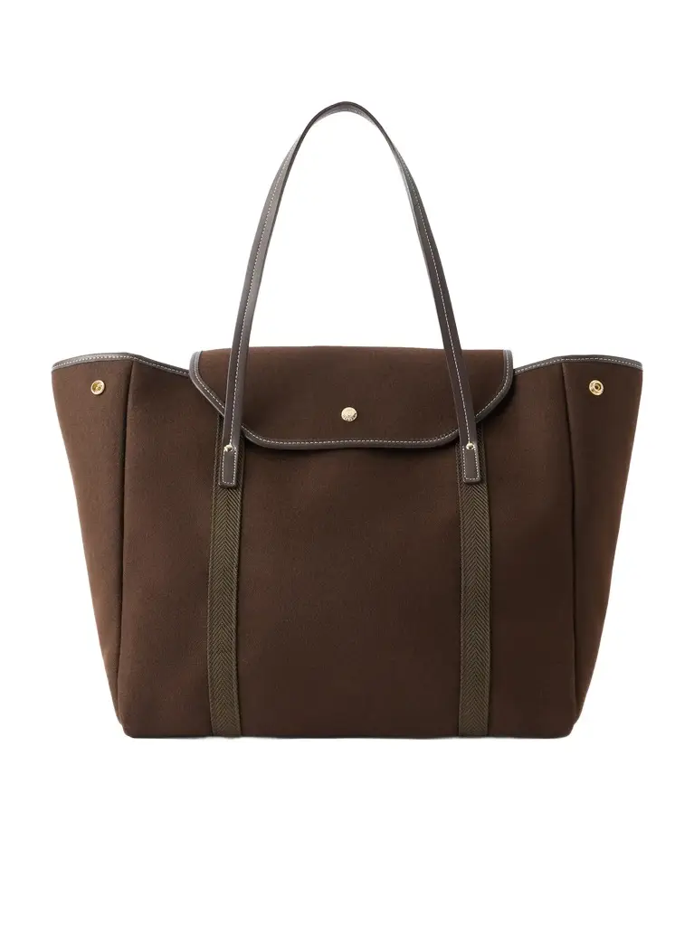 RUE de VERNEUIL Madison webbing and leather-trimmed wool-flannel tote - dark brown - One Size